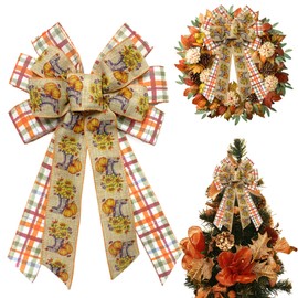 HIENAJ Large Fall Thanksgiving Wreath Bow for Front Door Vintage Pumpkin Sunflower Plaid Burlap Linen Bow for Wreath Thanksgiving Christmas Party Home Wall Decoration Ornament Supplies