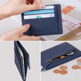 VISOUL KB10 Women's Small Genuine Leather Credit Card Holder RFID Protection Minimalist Card Holder Cases Wallet Front Pocket Purse Mini Credit Card Case with Coin Compartment, blue, Minimalist