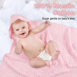 MUKIN Baby Hooded Towels, Muslin Cotton, 2-Pack, for Newborn, Infant, Toddler and Kids (White,Pink)