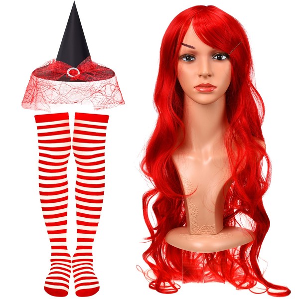 Mepase 3 Pcs Halloween Witch Costume Set Striped Thigh High Socks 32" Long Curly Wig Witch Hats for Women Girls Cosplay Party (Red)
