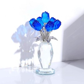 Crystal Blue Rose Bouquet Flower Figurine Collectible Gifts for Women, Glass Rose Floral Paperweight Ornaments Gifts for Christmas Valentine's Birthday