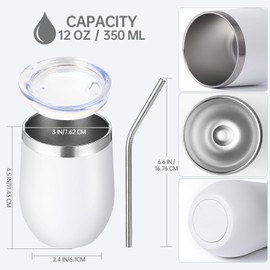 Volhoply 12oz Stainless Steel Wine Tumbler with Lid Bulk 12 Pack,Double Wall Vacuum Stemless Wine Glasses,Reusable Metal Travel Coffe Mug with Straw,Insulated Cups Gifts for Christmas（White,12 Set）