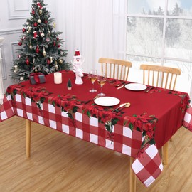 CAROMIO Christmas Tablecloth Rectangular Water Resistant Table Cloth Wipeable Polyester Table Cover Plaid Xmas Floral Table Cloth for Party Kitchen Dinning Tabletop 54x70inch Red