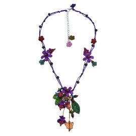 AeraVida Beautiful Hanging Purple Floral Garden Genuine Leather & Wood Necklace