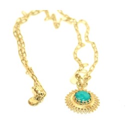 Sleeping Beauty Turquoise is the Center of the Sunburst Sterling Silver Pendant on a Paper Clip Style Chain wtih a Magnetic Clasp