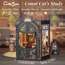 CUTEBEE Book Nook Kit - DIY Miniature House, Dollhouse Miniature House DIY Construction Kit with Dust Cover and LED Light, Booknook Library Model Kits for Adults to Build (Count Cat's Study)