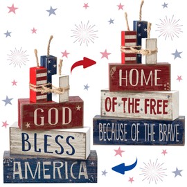 Moucuny 4 Pcs 4th of July Table Decorations Reversible Memorial Day Table Centerpiece Red White and Blue Patriotic Fireworks Block Sign with String for Independence Day Tiered Tray Decor(Firework)