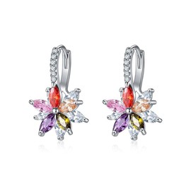 Flower Earring, Hoop Earrings for Women, Colourful Flowers Folding Hoop Earrings with Zirconia, Silver Hoop Earrings, Girls, Hanging Earrings with Gift Box, for Party, Weddings, Engagements, Leather,