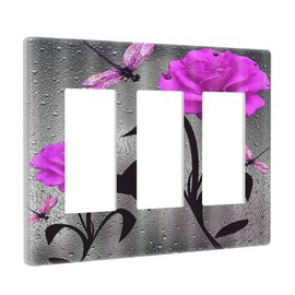 Raindrops Hot Pink Rose Floral Dragonfly 3 Gang Decora Light Switch Cover Triple Rocker Wall Plate Decorative GFCI Faceplate Electrical Outlet Cover Switchplate for Bathroom Home Decor