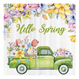 Allenjoy 72" x 72" Hello Spring Truck Shower Curtain for Bathroom Set Easter Watercolor Colorful Floral Flower Bath Bathtub Decorations Decor Durable Easy Care Machine Washable