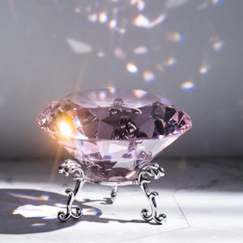 QIANCHANG 80mm Crystal Diamond Paperweight with Stand, Large Faceted Glass Gems Jewels for Home Party Decoration(Pink)