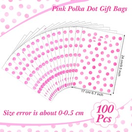 Cholemy 100 Pcs Pink Polka Dot Gift Bags with Handles Polka Dot Party Favor Goodie Candy Snack Bags Plastic Pink Wrapping Pouch for Baby Shower Birthday Princess Theme Party Favors Supplies