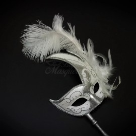 BeyondMasquerade Handheld Stick Venetian Masquerade Mask for Women Silver White M6131