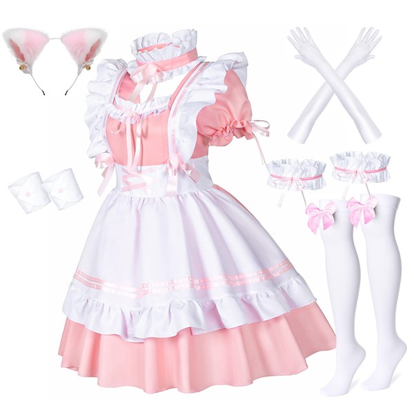 Wannsee Anime French Maid Apron Lolita Fancy Dress Cosplay Costume Furry Cat Ear Gloves Socks Set(Pink S)