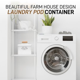 ElitaPro Modern Farmhouse Laundry Pods Container with Lid for Laundry Room Décor & Accessories, Laundry Room Organization (White)
