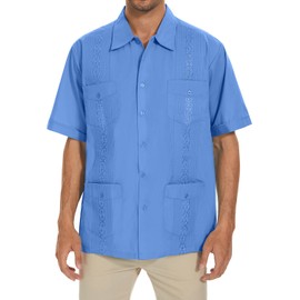 MAXJON Mens Short Sleeve Button Down Guayabera Shirts for Men Cuban Embroidered Pleats Beach Shirts Big and Tall (Blue,4XL)