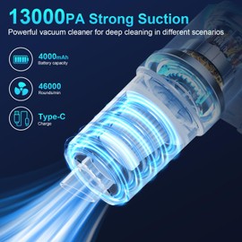 Handheld Vacuum Cordless 13000pa, Car Vacuum Portable Cordless, Type-C Rechargeable Lightweight Mini Handheld Vacuum Cleaner, High Power Car Vacuum Cleaner with LED Light for Car Home Pet (Black)