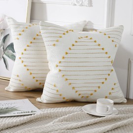 Set of 2 Cotton Knitted Boho Throw Pillow Covers 18 x 18,Modern Accent Decorative Square Cushion Covers Pillowcase for Farmhouse Couch Sofa Bed Livingroom, Yellow and Cream White