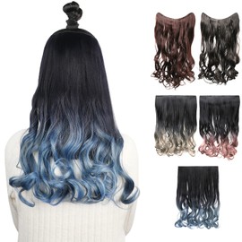 FINGOOO One Touch Wig, Curly & Synthetic Hair, Gradient Inner, Long, Heat Resistant, Natural, Easy to Install (Black x Blue)