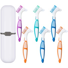 WILLBOND 6 Pieces Denture Brushes Retainer Brush Cleaning Hard Denture Toothbrush with White Carrying Case for False Teeth Cleaning(Green, Purple, Blue and Orange)