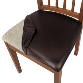 WENZMOC - Fundas de asiento de piel sintética para sillas de comedor, paquete de 4 fundas de asiento de silla de comedor, 100 % impermeables, elásticas y lavables (poliuretano café oscuro, 4 unidades)