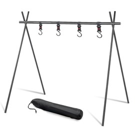YERGOFE Foldable Tripod Camping Hanging Rack - 4 Hooks Outdoor Cookware Storage Portable, Outdoor Camping Folding Rack