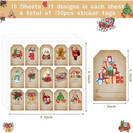 W1cwey 150pcs Christmas Watercolor Vintage Gift Tag Sticker, 15 Design Cute Christmas Theme Self Adhesive Label Gift Set Santa Claus Gingerbread Snowman Xmas Element Gift Label Sticker Present Decor