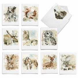 The Best Card Company - 10 Assorted Blank Notecards Box Set 4 x 5.12 Inch with Envelopes (10 Designs, 1 Each) Boxed Assorted Kid Cards of Pets - WATERCOLOR WILDLIFE M6629OCB-NB