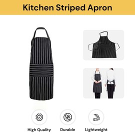 EZONEDEAL Bib Apron, Unisex Aprons Adjustable Waterdrop Resistant With 2 Front Pockets, Cooking Kitchen Apron For Chef, BBQ Drawing Apron Bulk, Chef Aprons For Cooking (Bk&wh Stripes)