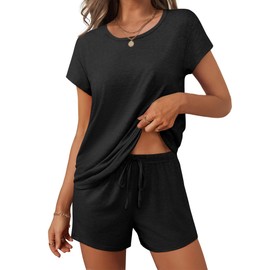Ekouaer Women 2 Piece Pajamas Set Short Sleeve Comfy Lounge Set Round Neck Tops and Shorts Pjs with Pockets Black M