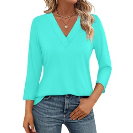 TICTICMISS V Neck T Shirts for Women 3/4 Length Sleeve Womens Tops Casual Loose Fit Tunics Tops Aqua