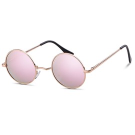 Laurinny 90s Retro Round Sunglasses Women Men Classic Polarised Sunglasses Metal Frame Round Hippie Glasses, gold frame pink lens