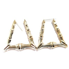 Divas Diggables Bamboo Hoop Earrings Gold Trapezoid Triangle Bamboo Large Hoops 3.25 inch, No Gemstone