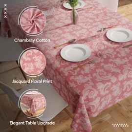 Encasa XO 8 to 10 Seater Dining Table Cloth 145x300 cm (57x118 in) I Floral Red Jacquard Style Print on Chambray Homespun Cotton I for Family Gatherings, Parties I Washable