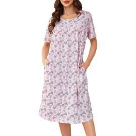 Vlazom Women Nightdress Button Front Nighties Pleated Lace Nightgowns Luxury Soft Touch Nightwear Sleep Dress with Pockets Pink Heart,M