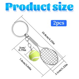 2PCS Tennis Racket Keychain, Mini Metal Tennis Keychains Tennis Gifts for Men Mini Tennis Racket with Ball Keychain Key Ring Fashionable Alloy Tennis Ball Split Ring Keychain for Sport Lovers Team