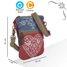 Domelo Trachtentasche. kleine Nachhaltige Umhängetasche aus Recycelte Jeans. Crossbody Bag mit Herz Trachten Motiv. Rote Damen Tasche für Oktoberfest