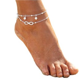 Bufenia Beach Pearl Anklet Silver Lucky 8 Ankle Bracelets Chain Beaded Foot Jewelry Adjustable for Women