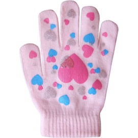 TeddyT's Girls Super Soft Fine Knit Magic Stretch Gripper Winter Gloves (Baby Pink Hearts)