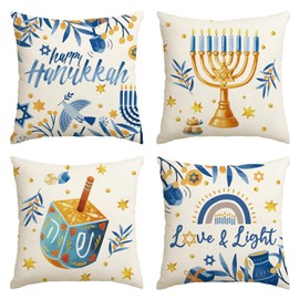 AVOIN colorlife Happy Hanukkah Menorah Throw Dreidel Pillow Covers, 20 x 20 Inch Holiday Love&Light Cushion Case for Sofa Couch Set of 4