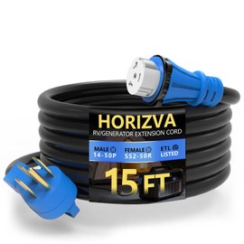 HORIZVA 50 Amp Generator Cord, 15FT 50 Amp RV Extension Cord with Twist Lock, 4 Prong NEMA 14-50P/SS2-50R Generator Cable, Heavy Duty 6/3+8/1 AWG STW Power Cord for for RV Camper & House (15FT)