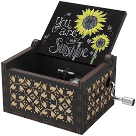 You are My Sunshine Sunflowers Music Boxes,Wooden Hand Crank Engarved Antique Musical Box Gift for Children/Friends/Lovers/Mother,Valentine/Birthday/Christmas Day Presents (Black-B)