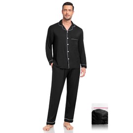 YOPUGEE Men Modal Pajama Set Long Sleeve Pjs Button Down Sleepwear Soft Comfy Loungewear Sets 2 Piece Nightwear Black L