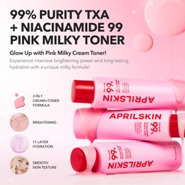APRILSKIN TXA+Niacinamide 99 Pink Milky Toner | 99% High-Purity TXA 3%+ Niacinamide 5% for Brightening | Highly Concentrated Cream Toner | Deep Moisturizing Formula for Dull Skin | 5.07 fl.oz.
