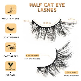APCYUST Half Lashes False Eyelashes Wispy Fake Lash Strips Natural Cat Eye Strip Eyelash Pack 14 Pairs Mink Half Lashes Cateye 7-15mm Half Eyelashes for Women