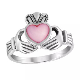 AeraVida Promise of Love Claddagh Pink Mother of Pearl Sterling Silver Ring-8