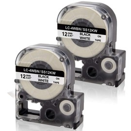 Compatible Label Tape Replacement for LC-4WBN9 LK-4WBN Work for Epson LabelWorks LW-300 LW-400 LW-500 LW-600P LW-700 LW-1000P - Black on White, 12mm Width x 8m Length (2 Pack)