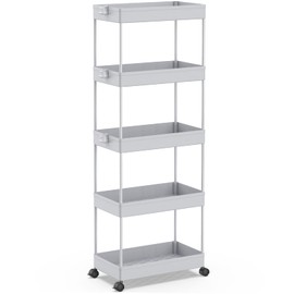 SPACEKEEPER 5-Tier Storage Cart, Bathroom Storage Organizer Rolling Utility Cart, Mobile Shelving Unit Slide Out Storage Shelves for Kitchen Living Room Bathroom Laundry Room & Dressers, Gray
