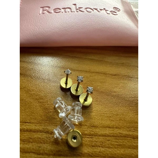 Branded Tiny 2mm CZ Stud Earrings 14K Gold Flat Screw