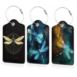 3 Pack Luggage Tags for Suitcases,Glowing Dragonfly PU Leather Luggage Tag for Travel,Bag Tags with Privacy Name ID Card and Steel Loop for Women Men